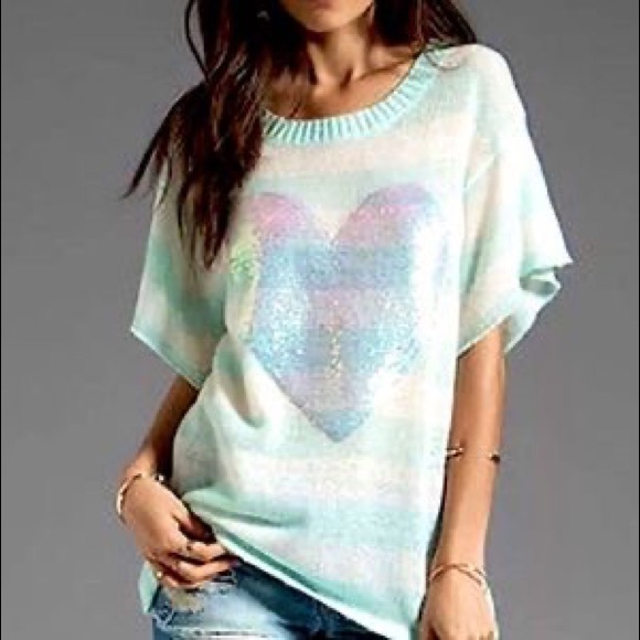 Wildfox Knit Top Aqua White Stripe Heart Sequins - Picture 1 of 5
